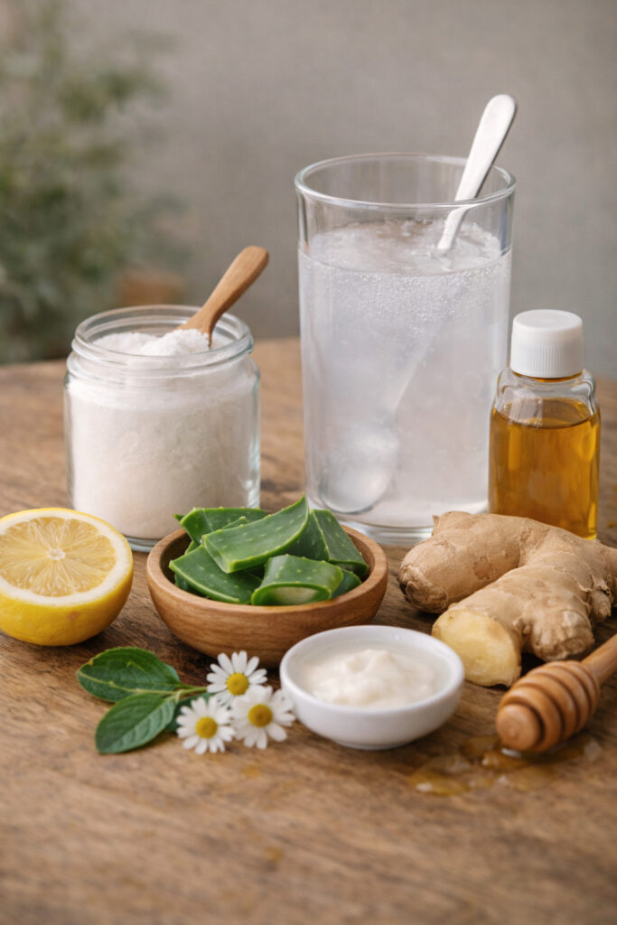 Remédios caseiros para aliviar a azia, incluindo água com limão, chá de camomila, gengibre, bicarbonato de sódio e vinagre de maçã