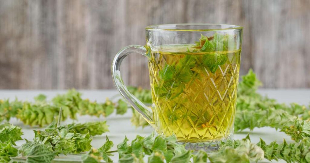 Chá de salsinha servido em uma xícara, com folhas de salsinha ao lado