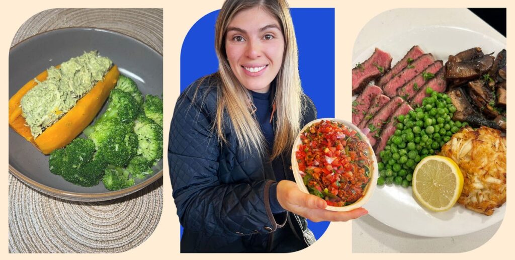 Prato saudável com alimentos integrais como frutas, vegetais e carne magra