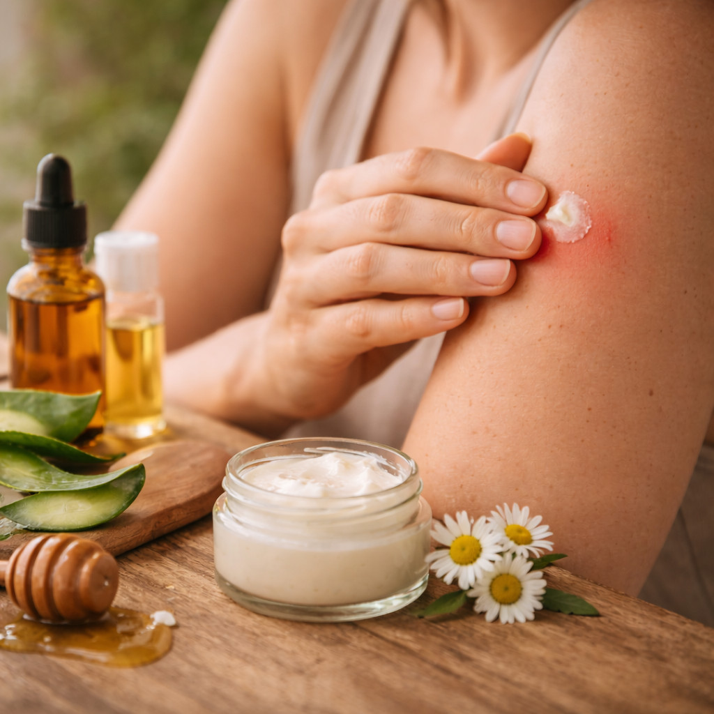 Pomadas naturais para picadas de insetos com ingredientes como calêndula, aloe vera e lavanda