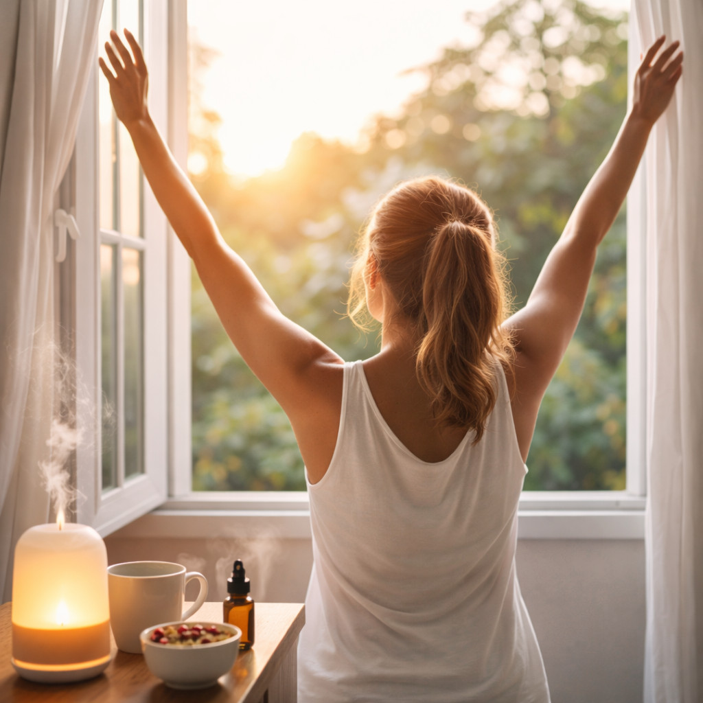 Uma pessoa praticando meditação ao amanhecer em um ambiente natural tranquilo.