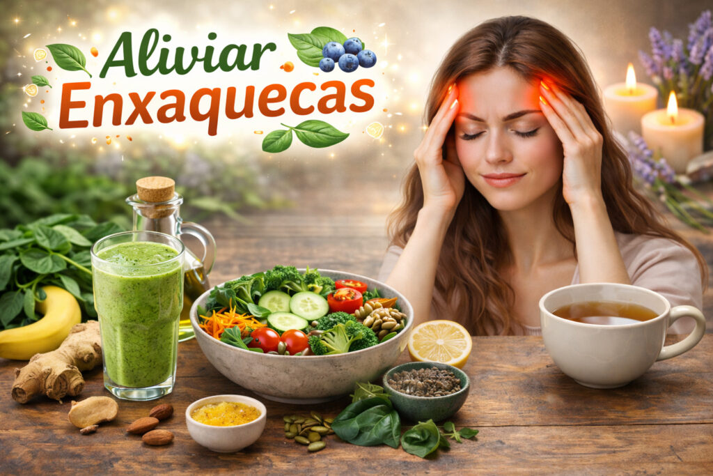 Prato com alimentos naturais saudáveis como espinafre, gengibre, e frutas para aliviar enxaquecas