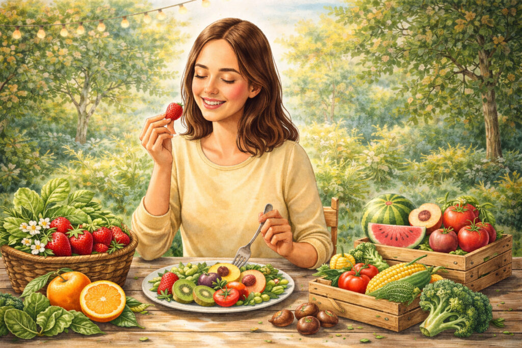 Vários tipos de frutas e legumes frescos da época dispostos sobre uma mesa.