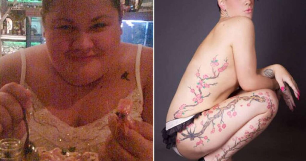 Joanne Cooper antes e depois da cirurgia bariátrica, mostrando sua transformação ao perder 80 kg