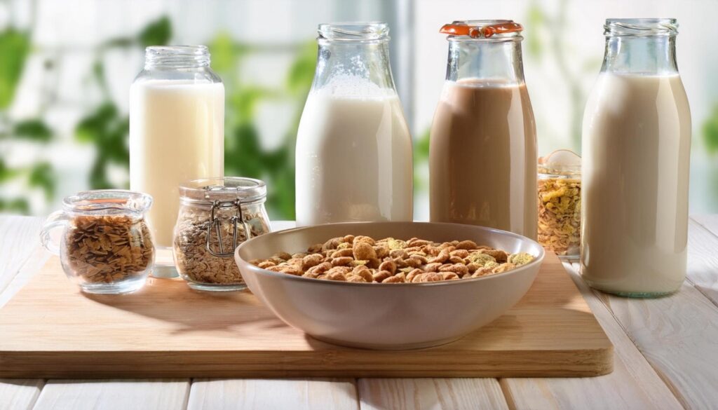 Uma variedade de alimentos frescos e saudáveis sem glúten e sem lactose, incluindo frutas, legumes, grãos e bebidas vegetais.