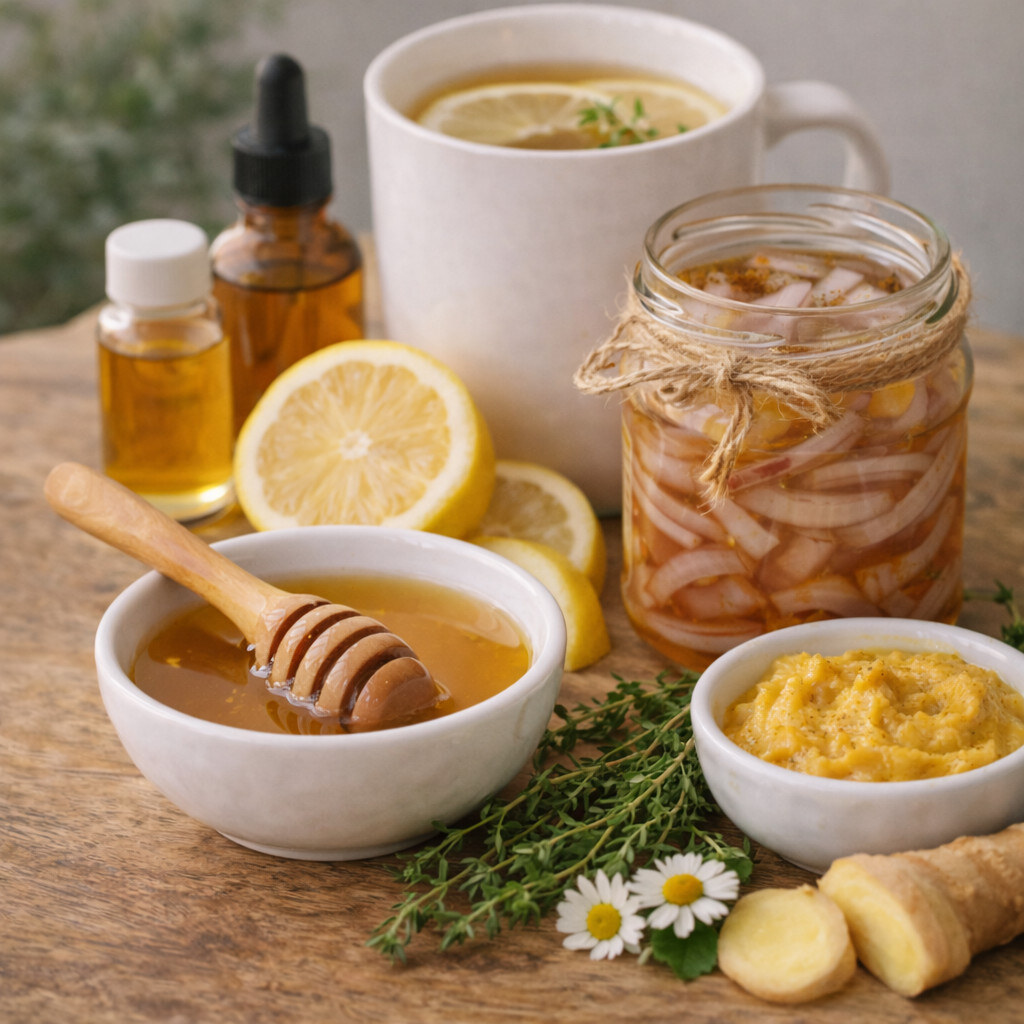 Ingredientes naturais para remédios caseiros, incluindo mel, gengibre e cebola, em uma mesa de madeira.